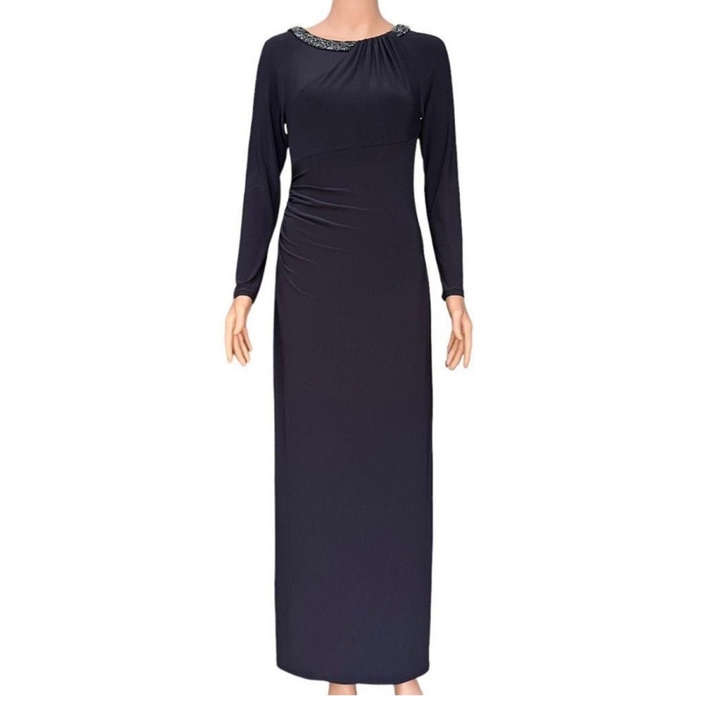 Long Sleeve blue Evening Maxi Dress with Embellished Neckline #115